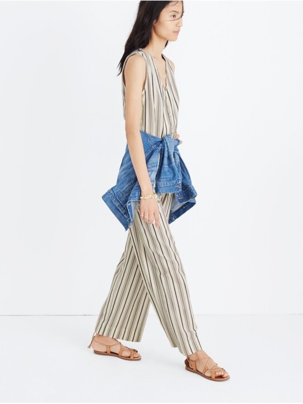 Madewell Striped Button-Down Neutral Jumpsuit Sleeveless Button-Down - XS